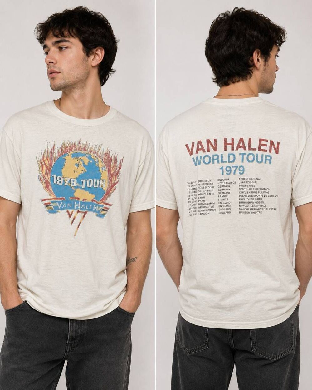 Van Halen 1979 World Tour Shirt Men’s M Cream Front Back Graphic Band Tee